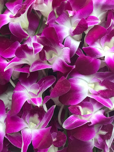 Close-up image of a stunning arrangement of purple orchids from Vancouver's Box Des Fleurs. The orchids are artfully arranged in a white ceramic vase with greenery accents. This arrangement makes a beautiful and unique gift for any occasion, including baby showers, Mother's Day, or Easter. Order now for fresh, handcrafted flowers from Vancouver's premier florist.
